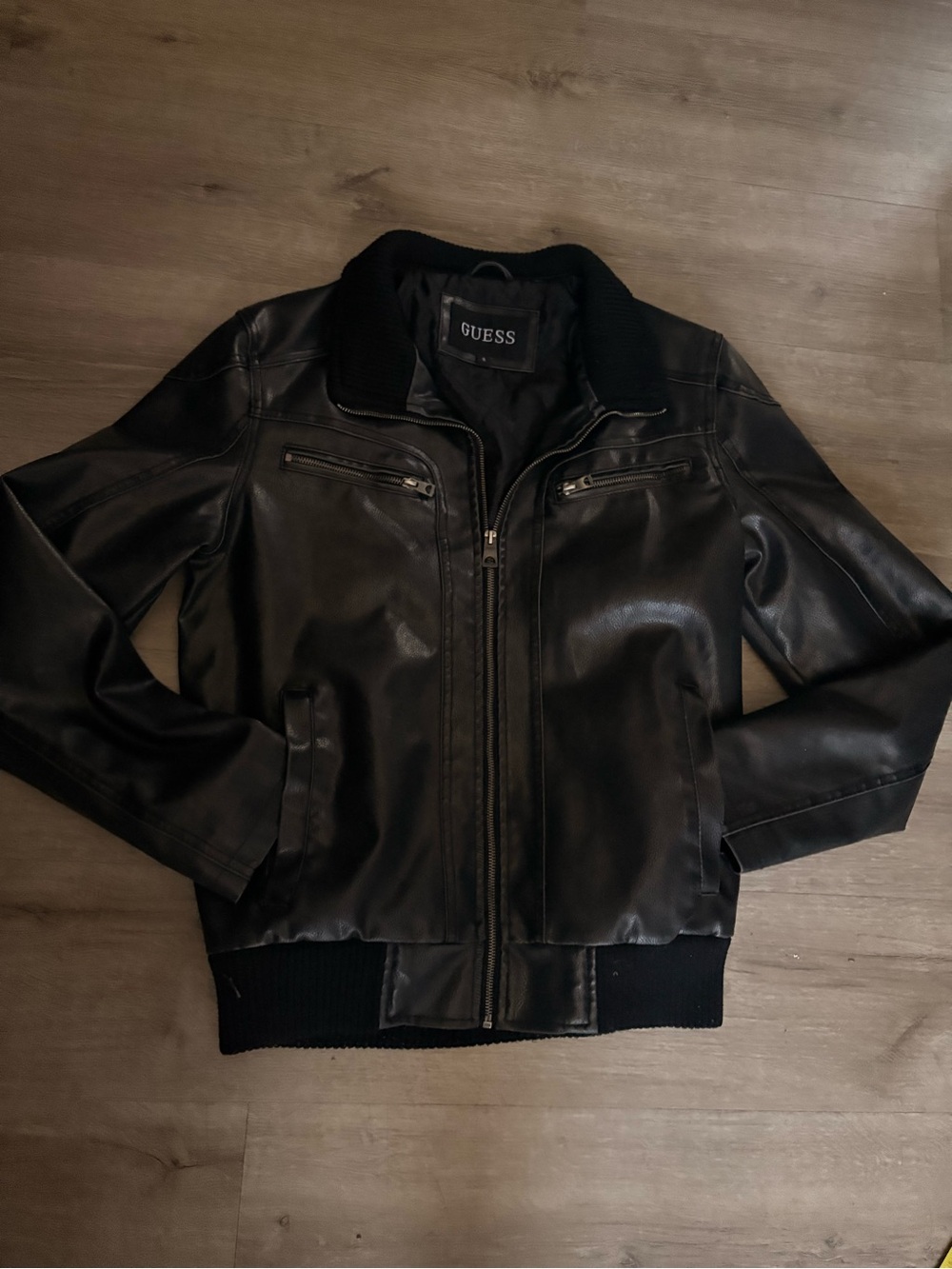 GUESS Black Faux Leather Bomber Jacket with Ribbed Trim